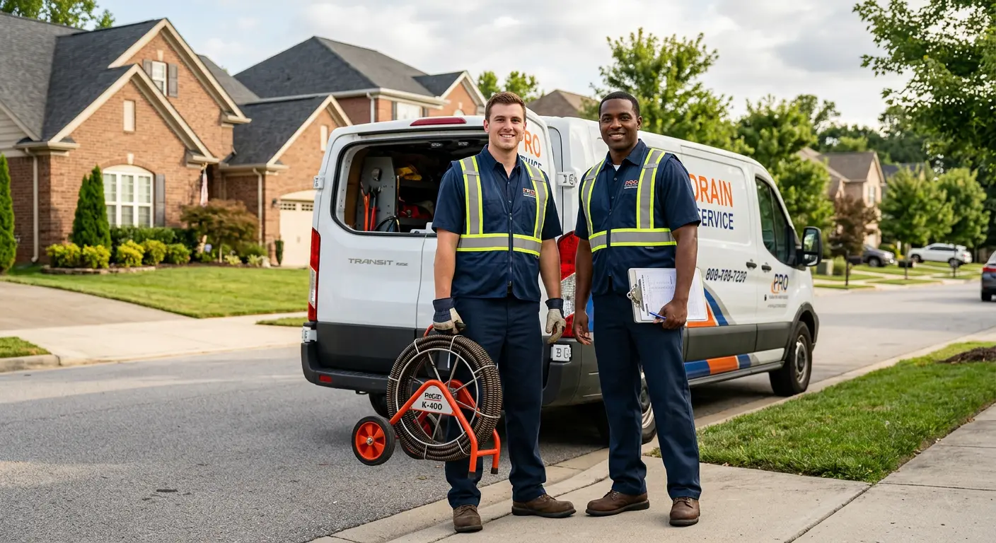 Sewer and drain service team with equipment ready for work in Bryan