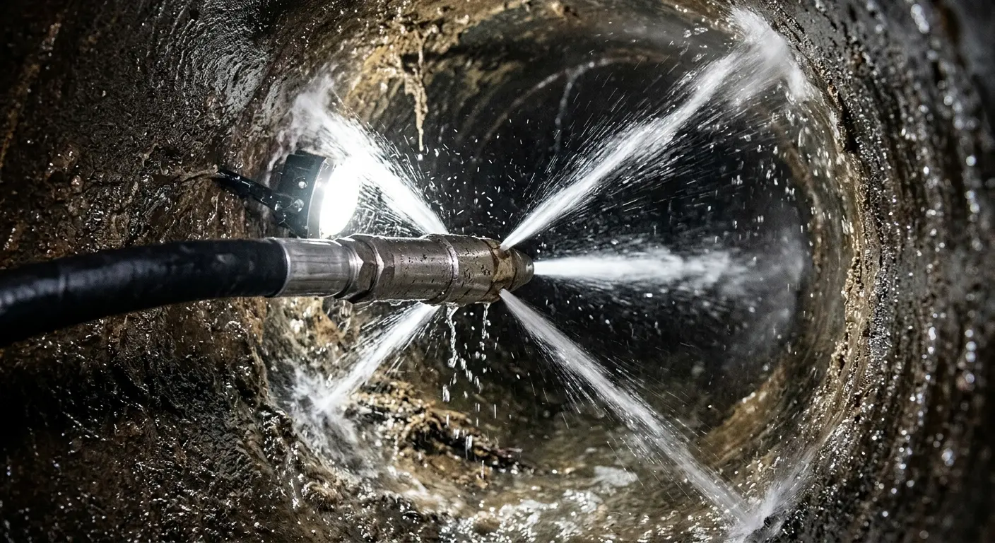 High-pressure hydro jetting nozzle cleaning sewer pipe for Sewer Line Relining in Bryan