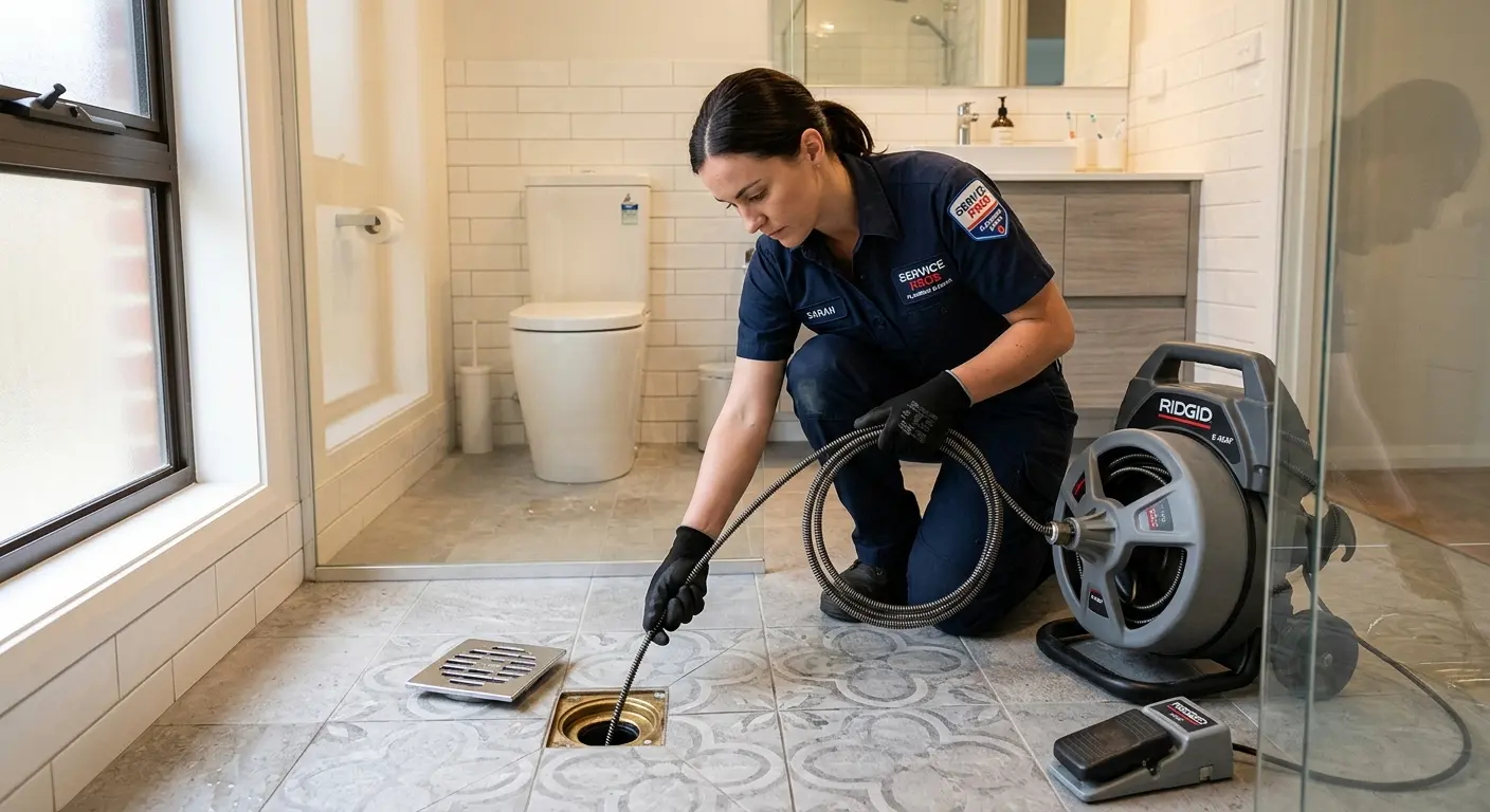 Technician clearing a bathroom floor drain for Sewer Line Installation in Bryan
